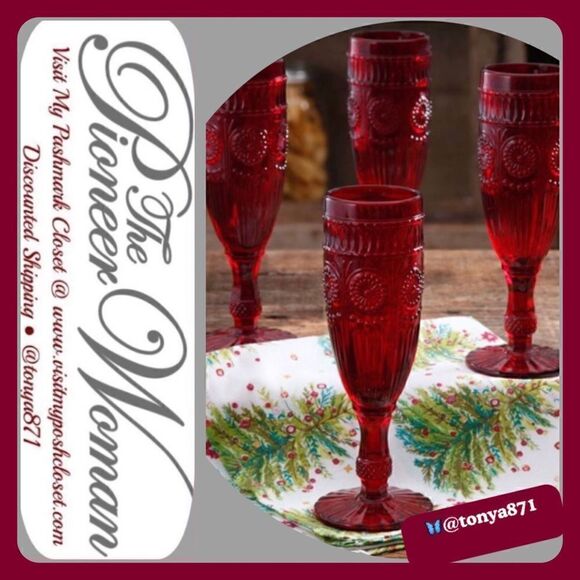 🦋 RARE!! 🦋 New Pioneer Woman Adeline 6-oz Flute, Red, Set of 4 - Picture 1 of 7